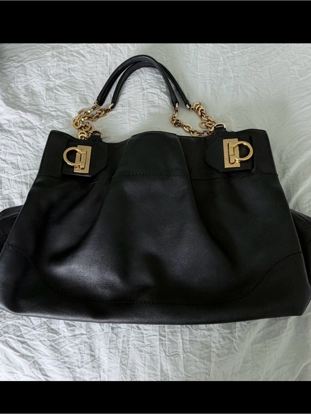Ferragamo Black Calfskin Leather Tote with Gold Chain Handles
